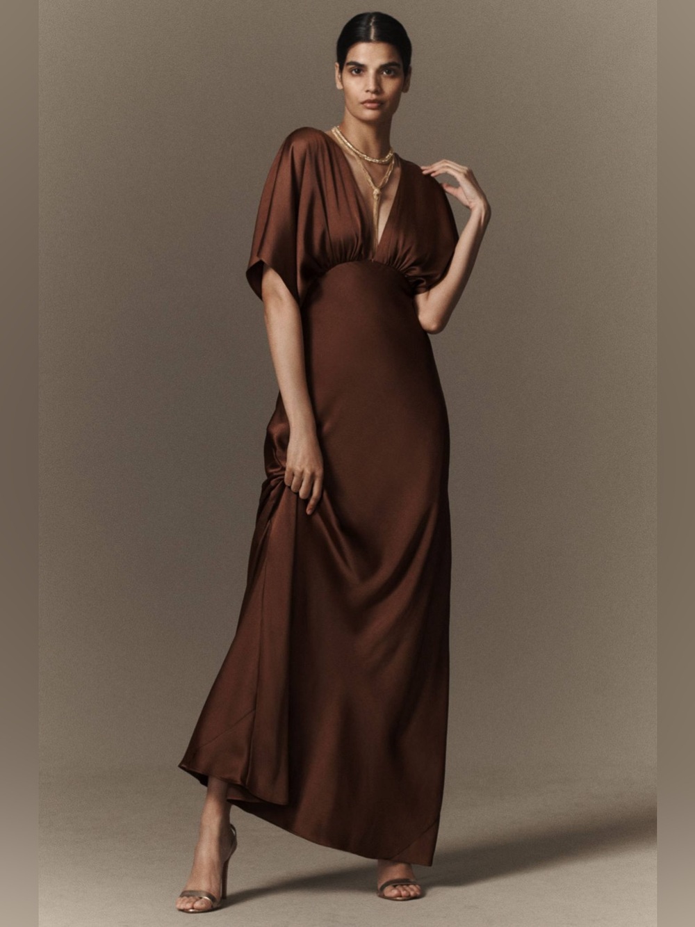 NEW BHLDN Amelia Deep-V Flutter-Sleeve Satin A-Line Gown Size 12 NWOT Maxi Dress